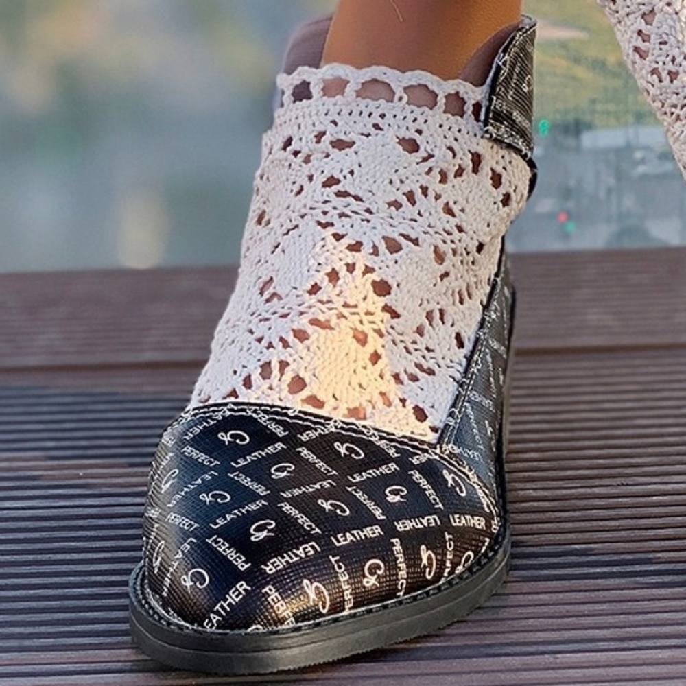 Crochet Knit Vegan Leather Block Heel Booties Pointed Toe Retro Victorian Shoes